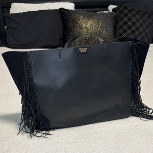 Victoria’s Secret Black Faux Leather and Suede Fringe Large Tote Bag